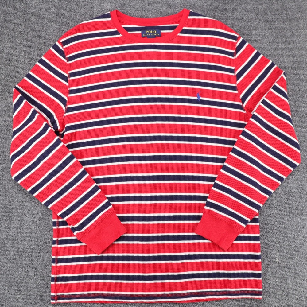 Polo‎ Ralph Lauren Mens XL Waffle Knit Thermal Shirt Red Navy Striped Sleepwear